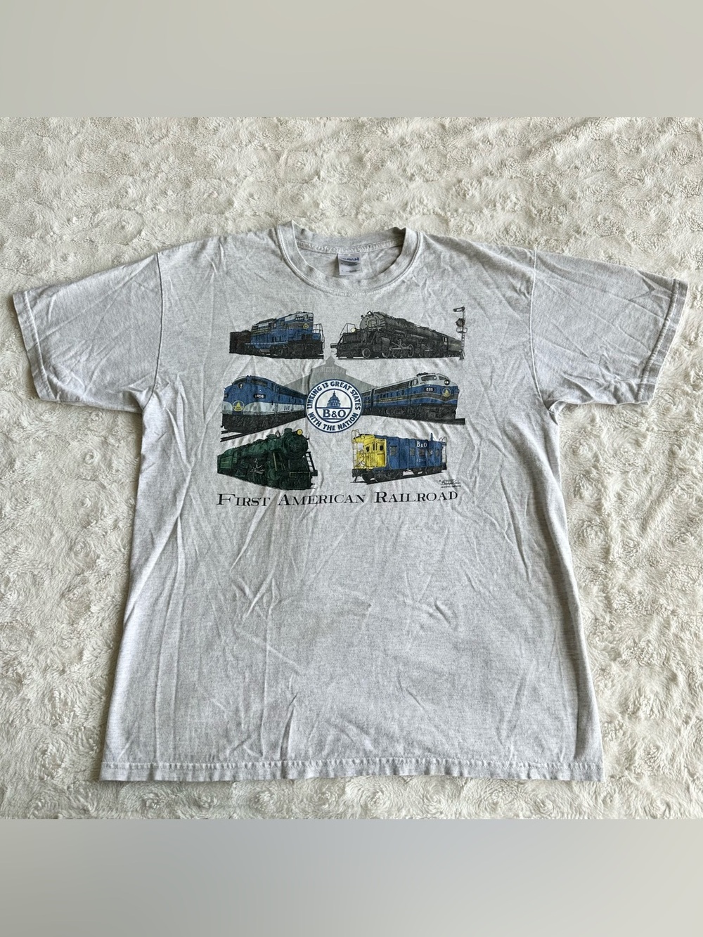 B&O Railroad Shirt Tee Mens Large Gray Trains Travel American Baltimore Ohio SS